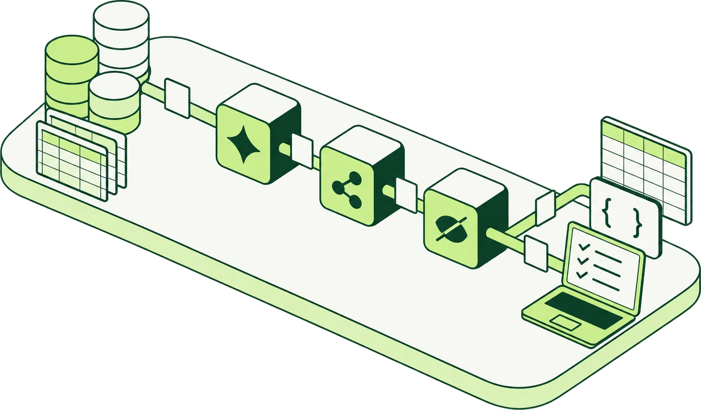 Illustration of the platform vision: data sources pass through generation, orchestration and masking modules on their way to tables, JSON and tested applications.
